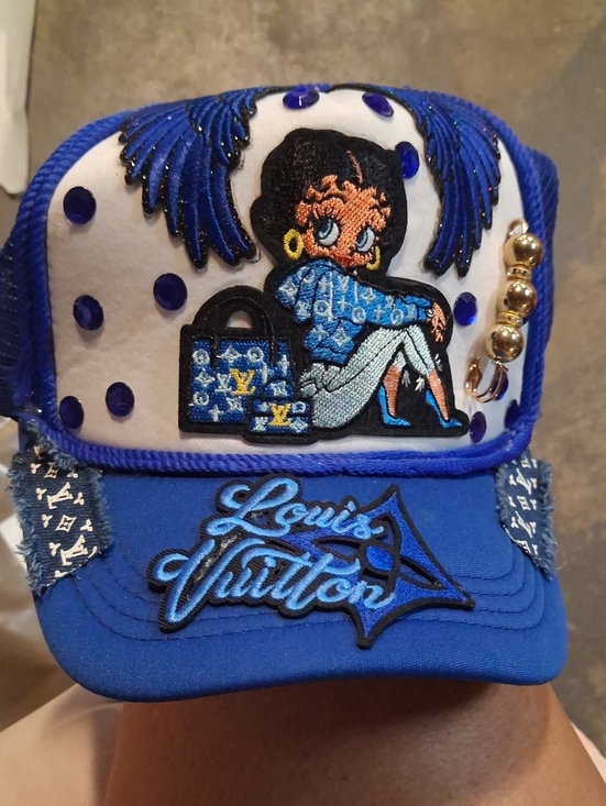 Accessories - Blue Embroidered Cartoon Trucker Hat with Rhinestones